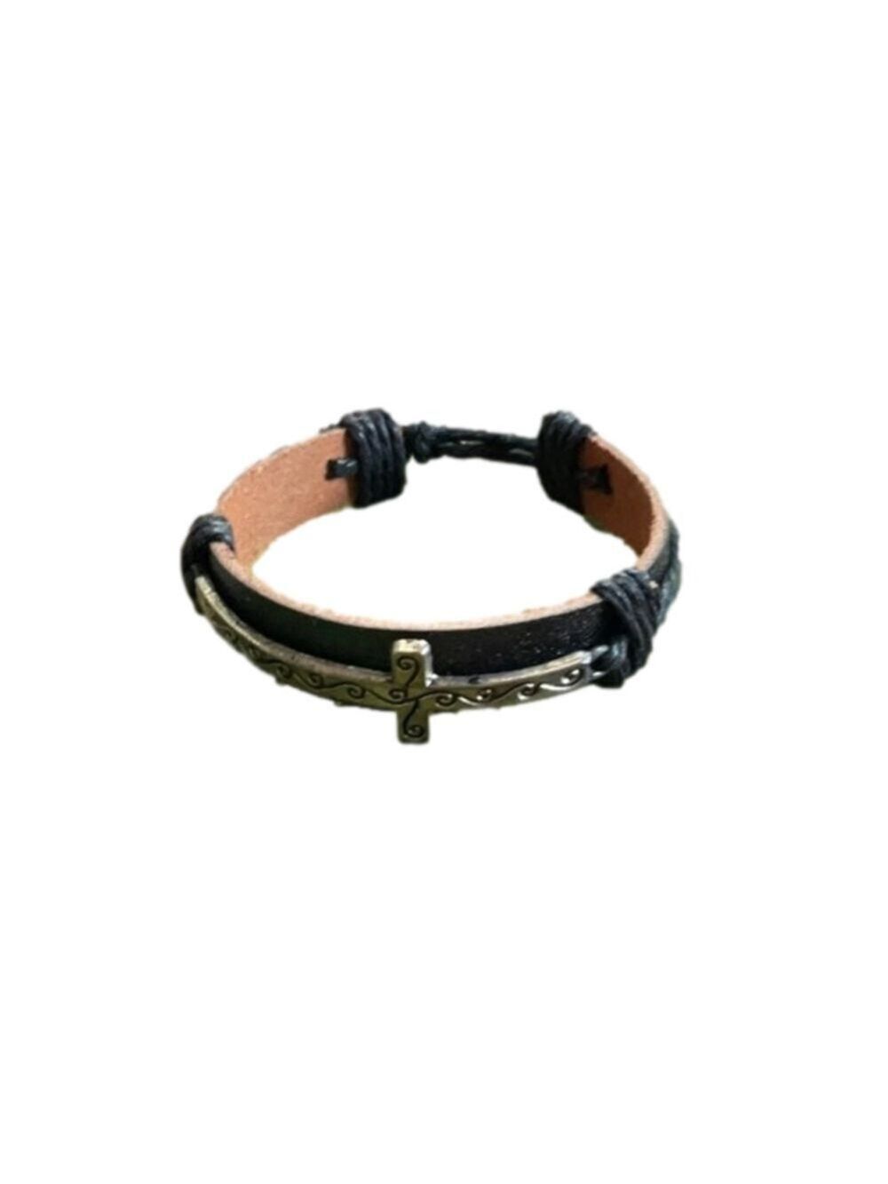 Leather Cross Blessed Adjustable Bracelets Set of Two